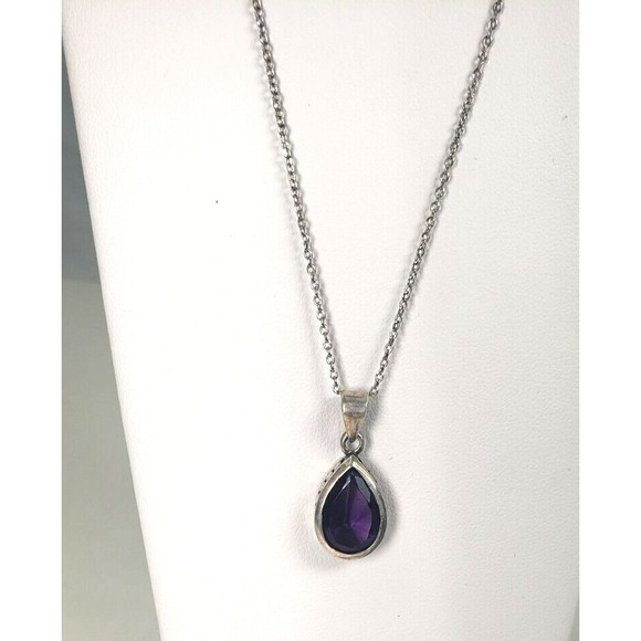 Vintage Sterling Silver 925 Amythist Teardrop Pendant Matching Earrings with 18" - Picture 8 of 12